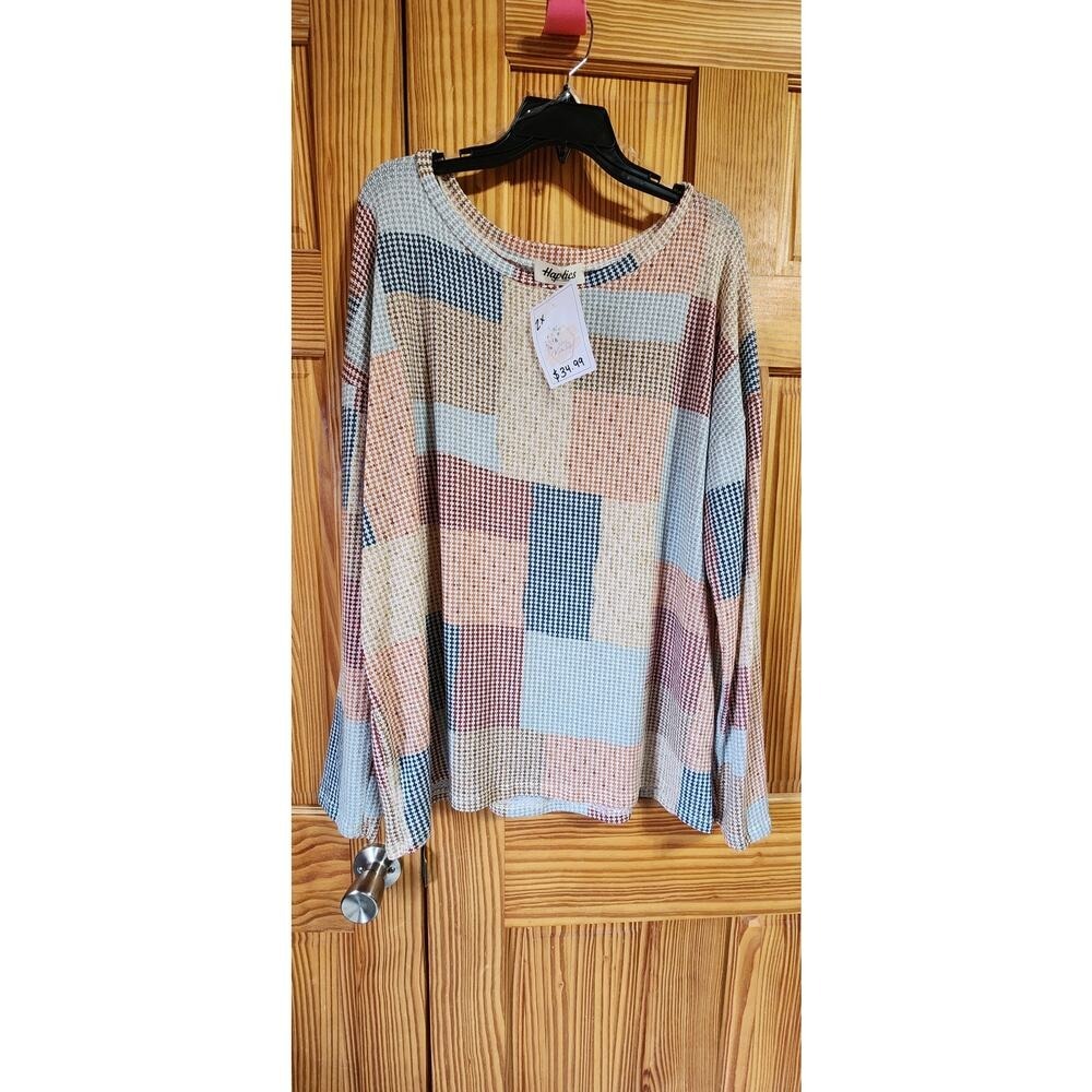 Haptics Multi Color Patchwork Houndstooth Waffle Knit Top‎ 2X